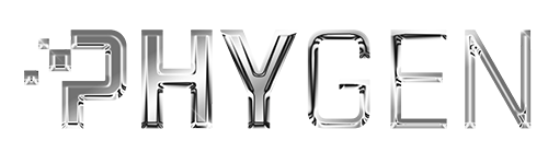 The word 'PHYGEN' displayed in a glossy, transparent, 3D font on a checkered background indicating transparency.